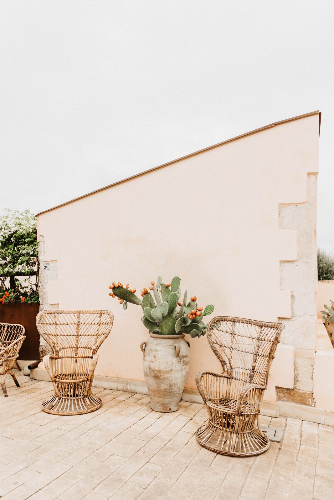 Rattan peacock chairs and a prickly-pear urn on the masseria terrace