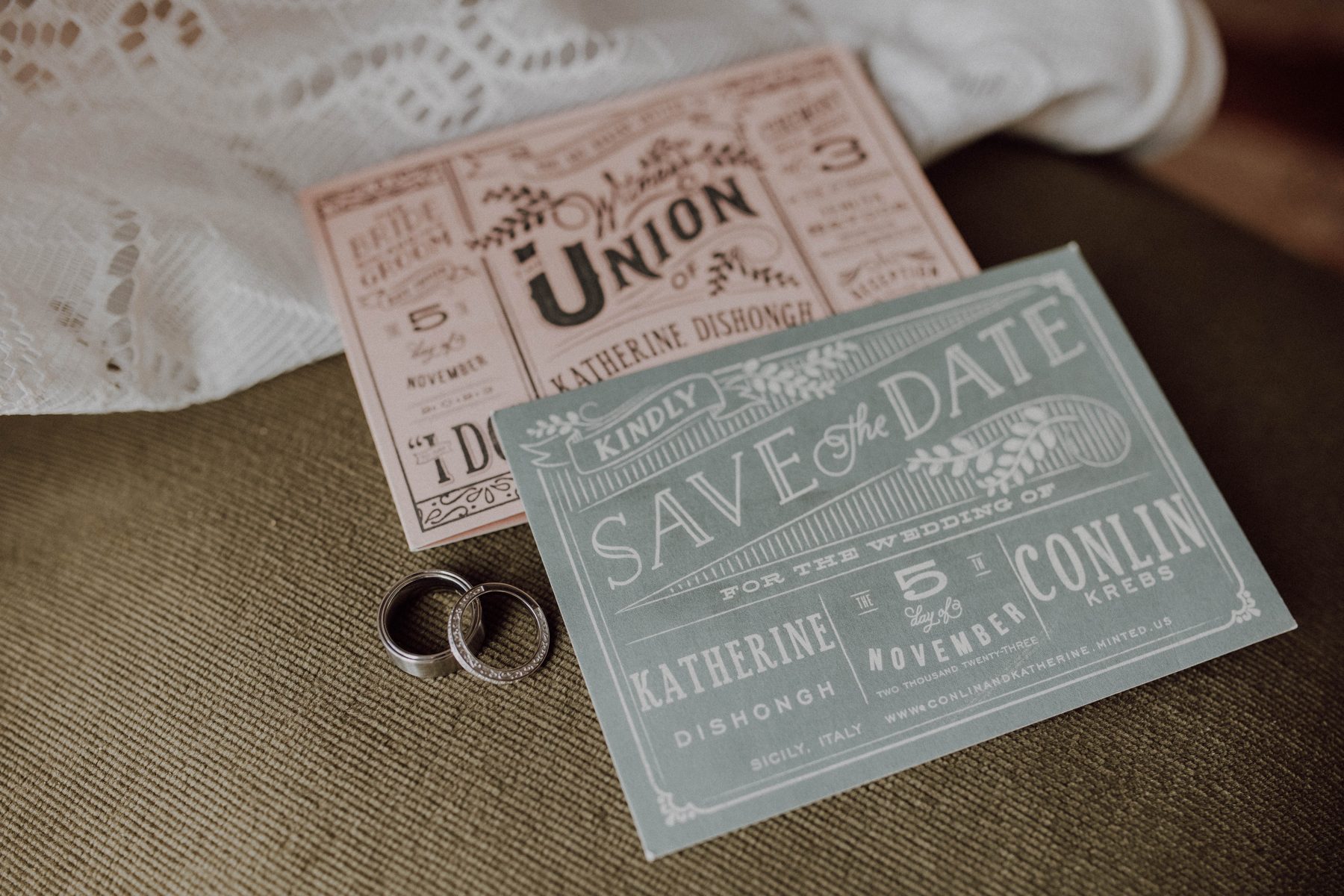 Save-the-date and rings for Katherine & Conlin